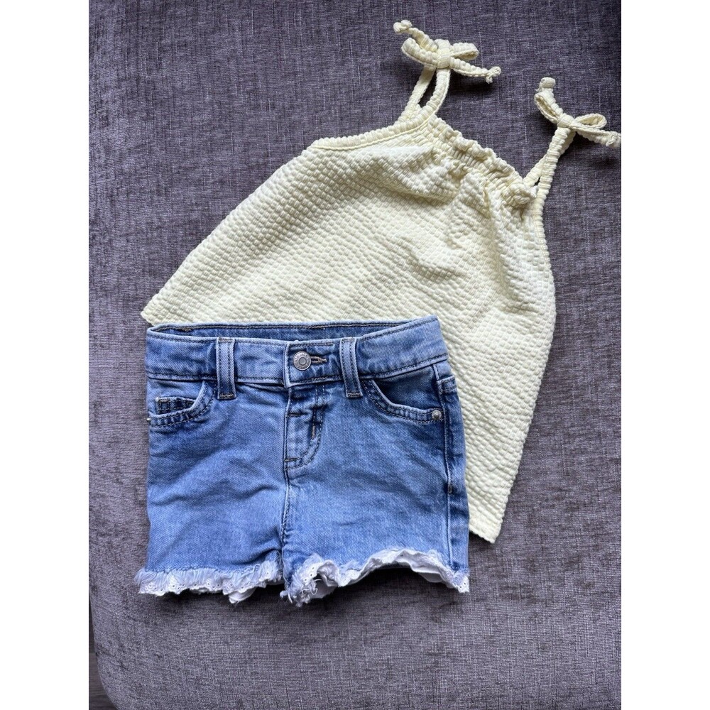 Cat & Jack 18M Yellow Sleeveless Top w/ Bow, Lace Trim & Denim Shorts Set